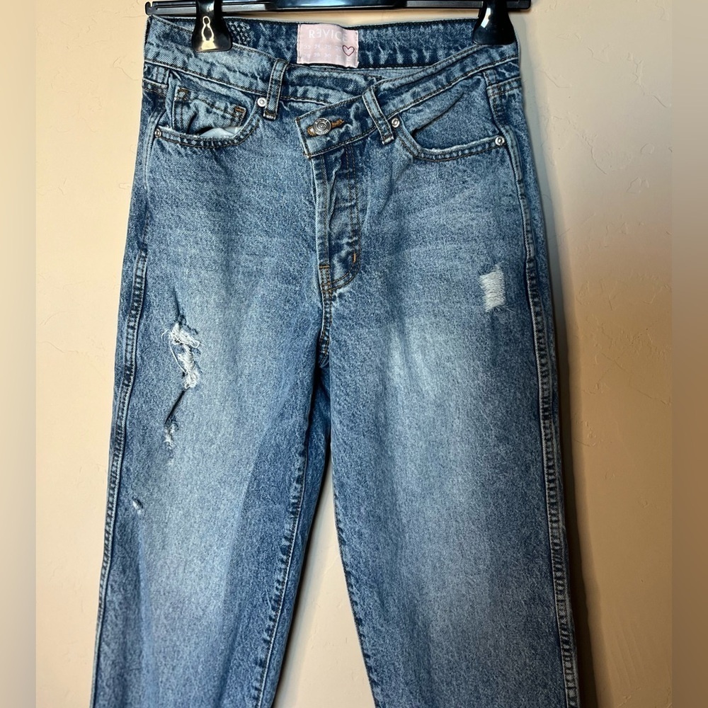 Revice Cross Over Distressed Straight Leg Denim Jeans Women's Size 27